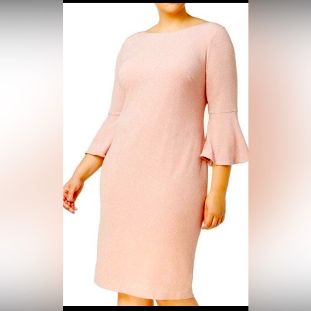Calvin Klein Pink Shimmer Bell Sleeve Pencil Dress 14W - Picture 1 of 7